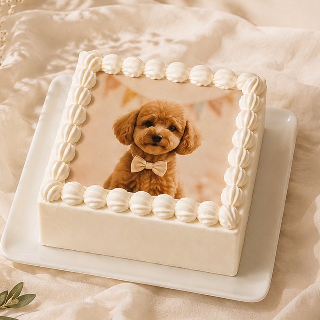 スクエア型の写真プリントケーキ。1辺15cmの正方形ケーキに愛犬の写真をプリント