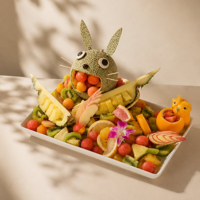 メロンでうさぎをかたどったキャラクター盛り。誕生日サプライズ向けのフルーツ盛り合わせ